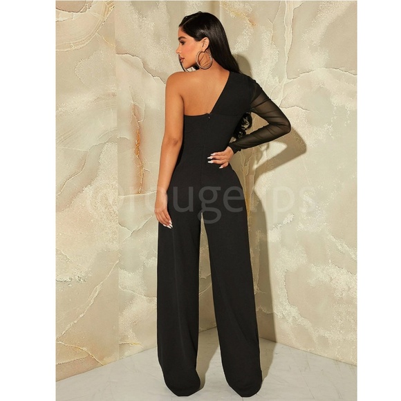 One Mesh Shoulder Black Elegant Jumpsuit High Waist Long Wide Leg - Picture 2 of 10
